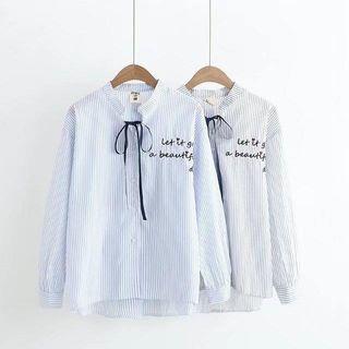 Single-breasted Long-sleeved Open-front Lettering Striped Blouse