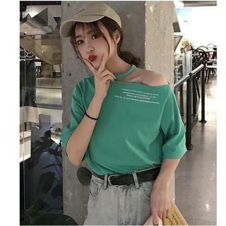 Halter Off-shoulder Short-sleeve T Shirt Lettering Top