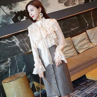 Set: Tie-neck Ruffled Blouse + Pencil Skirt