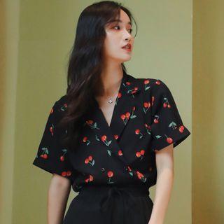 Cherry Print Elbow-sleeve Shirt