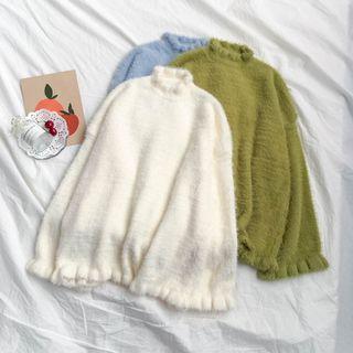 Mock-turtleneck Furry Ruffled Sweater