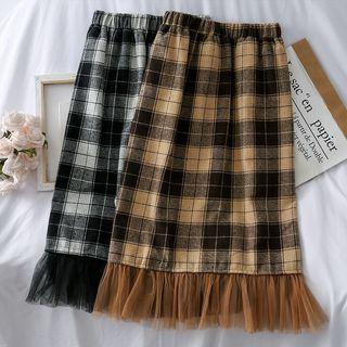 Mesh-hem Checker Woolen Skirt