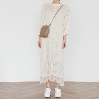 Spaghetti Strap Midi A-line Dress / Elbow-sleeve Knit Dress