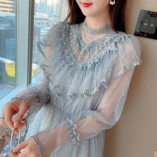Set: Faux-pearl Lace Long-sleeve Dress + Slipdress