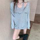 Long-sleeve Plain V-neck Lettering Sweatshirt / Plain Camisole