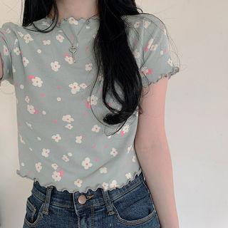 Short-sleeve Frill Trim Floral T-shirt As Shown In Figure - One Size