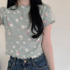 Short-sleeve Frill Trim Floral T-shirt As Shown In Figure - One Size
