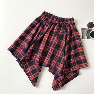 Asymmetrical Plaid High-waist Skirt Red - One Size