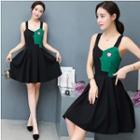 Color Panel Heart Embroidered Sleeveless Dress