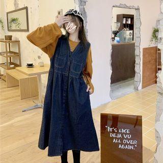 Sleeveless V-neck Denim Dress / Long-sleeve Plain Top (various Designs)