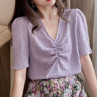 Shirred-front Crinkled Elbow-sleeve Top Purple - One Size