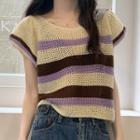 Short-sleeve Striped Knit Top Purple & Brown & Beige - One Size
