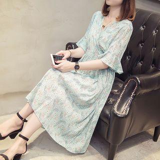 V-neck Floral Elbow-sleeve Midi Dress