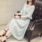 V-neck Floral Elbow-sleeve Midi Dress