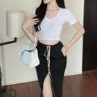 Short-sleeve Crop T-shirt / Slit Pencil Skirt