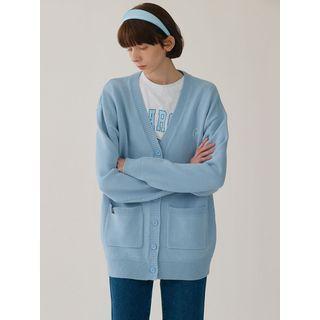 Basic V-neck Dual-pocket Cardigan Light Blue - One Size