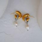 Rhinestone Freshwater Pearl Drop Earring 1 Pair - Earring - Gold - One Size
