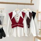 Color Block Knit Vest + Long-sleeve Shirt