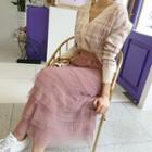 Set: V-neck Checked Cardigan + Band-waist Tiered Long Skirt Pink - One Size