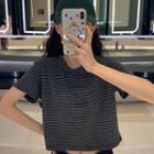 Striped Short-sleeve Cropped T-shirt Stripe - Gray & Black - One Size