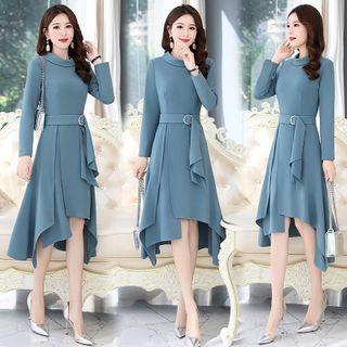 Long-sleeve Asymmetric Hem Midi A-line Dress