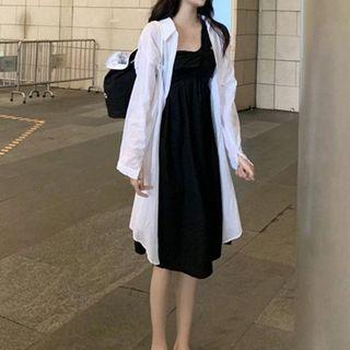 Sleeveless Asymmetric Strap Dress / Long-sleeve Plain Shirt