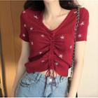 Short-sleeve Drawstring Embroidered Knit Top