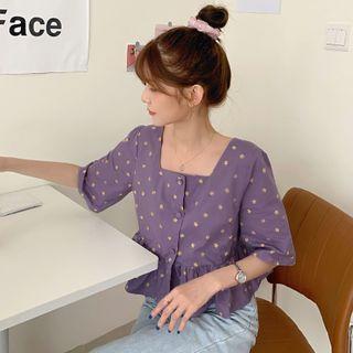 Square Neck Short Sleeve Floral Print Cropped Shirt