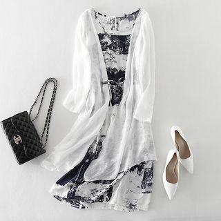 Set: Sleeveless Print Midi A-line Dress + Light Long Jacket