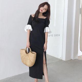 Flounced Elbow-sleeve Side-slit Midi Shift Dress