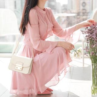Ruffle-trim Tie-waist Flare Dress