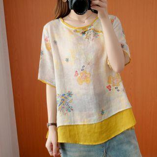 Floral Panel Frog-button Blouse