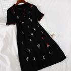 Embroidered Short-sleeve Knit Polo Dress Black - One Size