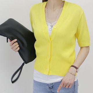 Short-sleeve Rib-knit Cardigan