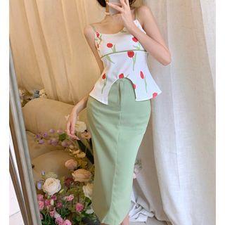 Flower Print Camisole Top / High-waist Midi Skirt