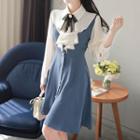 Inset Ruffled Blouse Midi Flare Dress With Brooch