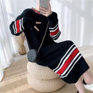 Long-sleeve Striped Midi Sweater Dress Stripes - Black - One Size