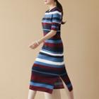 Short-sleeve Stripe Long Knit Dress