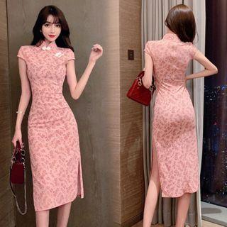 Short-sleeve Mandarin Collar Floral Midi Sheath Dress