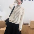 Set: Mock-turtleneck Contrast Trim Sweater + Striped Midi A-line Knit Skirt