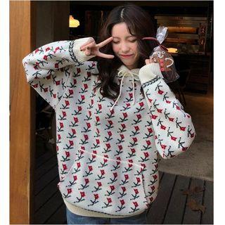 Rose Print Knit Hoodie