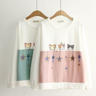 Cat Print Color Panel Pullover