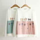 Cat Print Color Panel Pullover