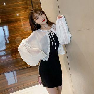 Set: Halter Sheath Dress + Light Jacket Dress - Black - One Size / Jacket - White - One Size