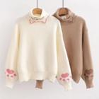 Turtleneck Cat Embroidered Paw Print Sweater