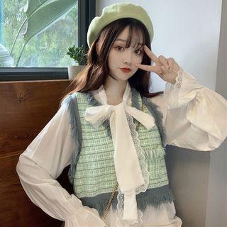 Set : Bow Trumpet-sleeved Chiffon Top + Knit Top