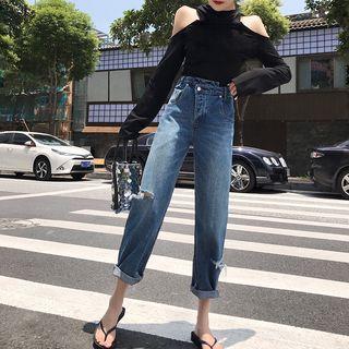 Long-sleeve Cut Out Hooded T-shirt / Ripped Washed Straight Cut Jeans
