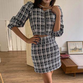 Set: Square-neck Zip-front Tweed Blouse + Mini Skirt