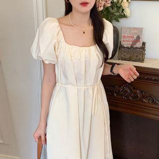 Puff-sleeve Scoop-neck Midi Shift Dress