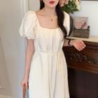 Puff-sleeve Scoop-neck Midi Shift Dress